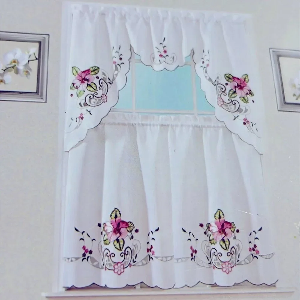 White Floral Embroidered Kitchen Curtain Set